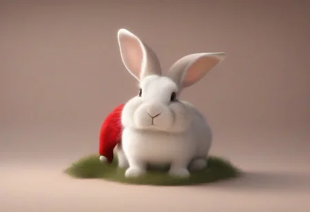 A happy cute, bunny, (wearing a Christmas hat), Adorable, heart warming, cheerful, detailed, bright colours, friendly expression, small size, shiny, eco-friendly, garden, environmental, sunlight, shadows, digital art, whimsical, playful, intricate details, high resolution, photorealistic, joyful atmosphere, gentle, soft lighting, cartoonish style, enchanting, vivid, appealing, character design, imaginative, family-friendly, [photography, realistic, photorealistic, (8k), (highly detailed), cinematic lighting, intricate details, (high resolution), award-winning,   correct focus, realistic, realistic lighting, (highly detailed),  masterpiece], ((Cinematic Still-Shot))