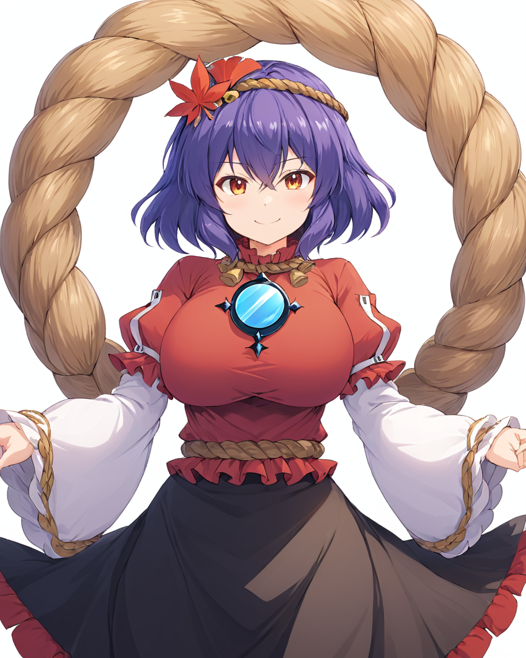 yasaka kanako,1girl, mirror, solo, shimenawa, looking_at_viewer, red_shirt, large_breasts, leaf_hair_ornament, long_sleeves, shide, black_skirt, white_background, cowboy_shot, snake, wide_sleeves, puffy_short_sleeves, smile, standing, simple_background
<lora:yasaka_kanako_image2545_2023-12-20-000010:1>,star-shaped_pupils,symbol-shaped_pupils,. gorgeous,key visual, vibrant, studio anime,award-winning, professional, highly detailed,high budget, cinemascope
