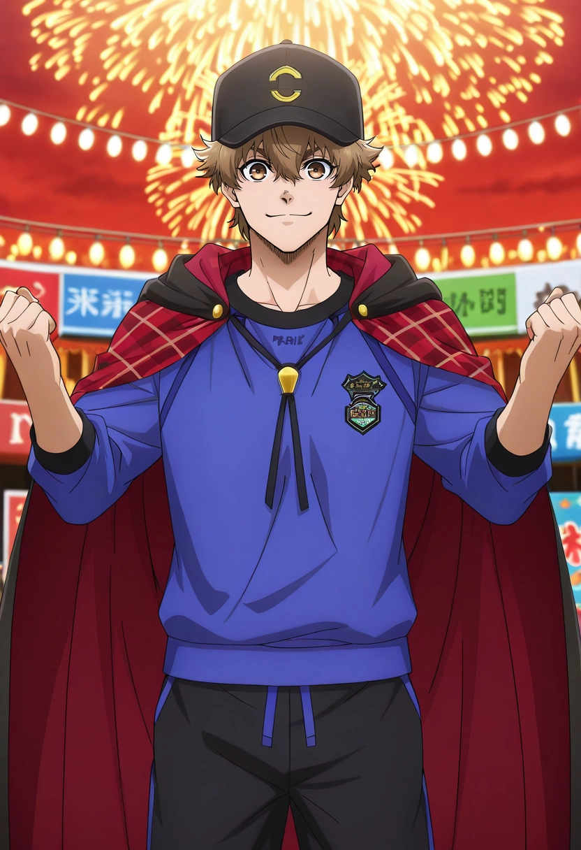 masterpiece, best quality, intricate details, anime screencap, anime coloring, official style, , 1boy, solo, male focus, <lora:asahi_naruhaya_ilxl:0.9>, asahi_naruhaya, brown hair, brown eyes, short hair, hair between eyes, bangs, sportswear, theme park, colorful rides, glowing attractions, lively crowds, enjoying pose, joyful expression, festival lights, Barkcloth Polka dot Turquoise Athletic sweatpants, Flannel shirt, , Baseball cap, Cape andBolo tie