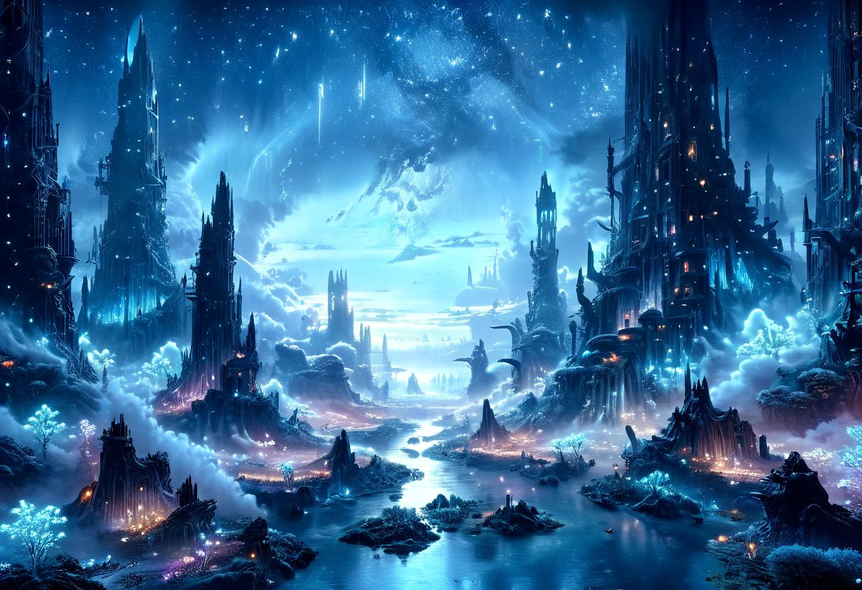 serene night, beautiful sky, apocalyptic, silhouette, Complex landscape, best quality, pastel colors, light blue tint, aesthetic Ethereal, Effulgent, Idyllic atmosphere, Tranquil, ethereal quality, cinematic volume, Twinkling lighting, glowing aura, global illumination, glowneon, Anisotropic Filtering, Unrivaled Opus, Unconventional, hyper detailed, HDR,