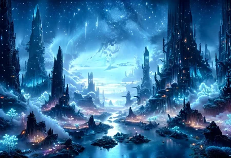 serene night, beautiful sky, apocalyptic, silhouette, Complex landscape, best quality, pastel colors, light blue tint, aesthetic Ethereal, Effulgent, Idyllic atmosphere, Tranquil, ethereal quality, cinematic volume, Twinkling lighting, glowing aura, global illumination, glowneon, Anisotropic Filtering, Unrivaled Opus, Unconventional, hyper detailed, HDR,