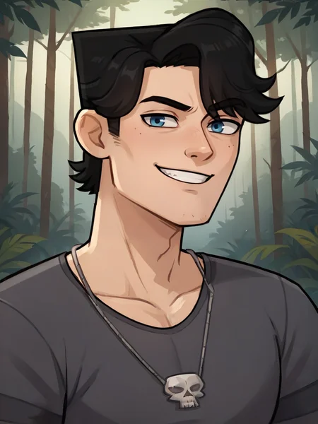 portrait of hunter_DVC man, black hair, skull necklace, confident smile, looking at viewer, blue eyes, forest background <lora:Hunter_Disventure_Camp:.8>, score_9, score_8_up, score_7_up, <lora:Smooth Anime 2 Style SDXL_LoRA_Pony Diffusion V6 XL:.3> <lora:add-detail-xl:.8> zPDXL3,