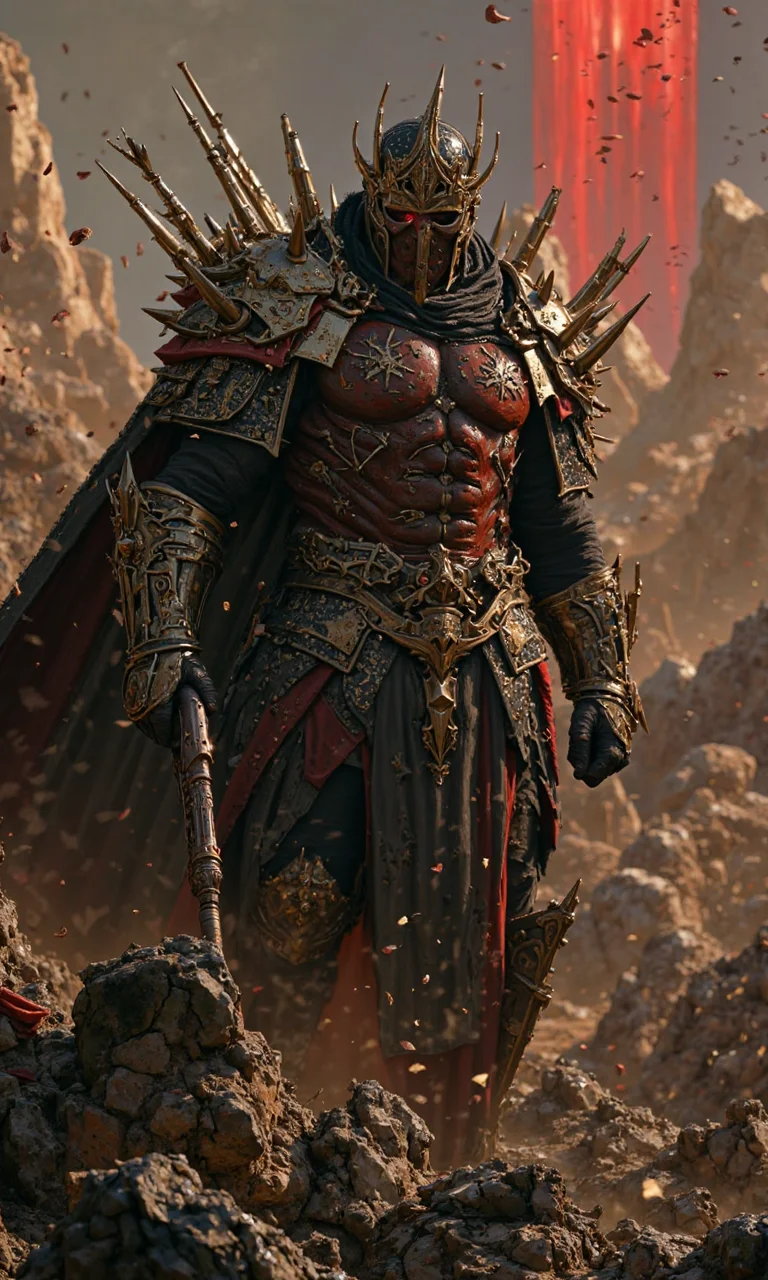 A warrior in torn armor, his face covered by a mask, holding a rifle in his left hand in the ruins of the apocalypse. The spikes protruding from the armor on his chest hint at his tenacity and determination. The background is a desolate scene full of dust and rubble, highlighting the atmosphere of the apocalypse. A blood-red light in the sky adds a touch of desperate beauty to the scene. The warrior's eyes are firm and full of unyielding spirit, and his figure becomes the only light of hope in the ruins.<lora:flux1-D\flux.1_lora_flyway_Epic-Characters_v1:1.0> <lora:flux1-D\flux_realism_lora.safetensors:0.45:1.0>