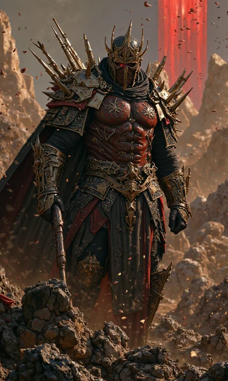 A warrior in torn armor, his face covered by a mask, holding a rifle in his left hand in the ruins of the apocalypse. The spikes protruding from the armor on his chest hint at his tenacity and determination. The background is a desolate scene full of dust and rubble, highlighting the atmosphere of the apocalypse. A blood-red light in the sky adds a touch of desperate beauty to the scene. The warrior's eyes are firm and full of unyielding spirit, and his figure becomes the only light of hope in the ruins.<lora:flux1-D\flux.1_lora_flyway_Epic-Characters_v1:1.0> <lora:flux1-D\flux_realism_lora.safetensors:0.45:1.0>