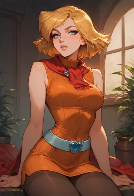 (score_9, score_8_up, score_7_up), 1girl, solo, clover \(totally spies\), blonde hair, short hair, blue eyes,tight clothing, hips, thighs, bangs, red scarf, orange sweater, sleeveless turtleneck, green miniskirt, belt, pantyhose