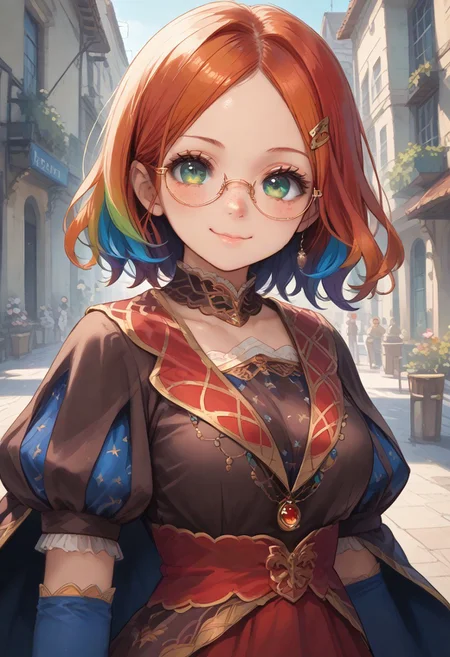 score_9, score_8_up, score_7_up, score_6_up, source_anime, best quality, masterpiece, ultradetailed, ultrahires, 1girl, solo, leodv, short intricate hair, parted bangs, perfect eyes, glasses, brown dress, short puffy sleeves, red skirt, blue gloves, elbow gloves, blue thighhighs, big breasts, looking at you, cape, smile, blue sky, victorian architecture, town, smile, upper body, Mycelia, rainbow colored hair, candy hairclip, round glasses, green eyes, freckles, petite, striking visuals, vivid color, wadufuk1