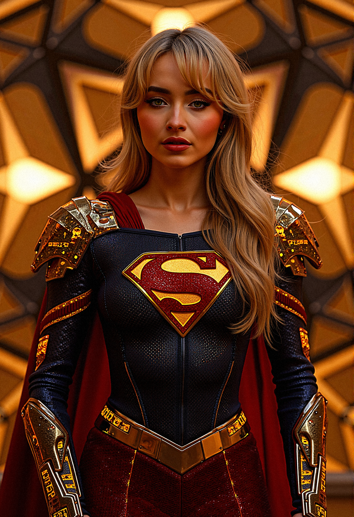 A photorealistic image of supergirl sabcarp based on fictional characters from DC Comics  enveloped in a digital nexus, her costume infused with binary code that flickers with energy the backdrop of intersecting geometric shapes that seem to pulse with a golden glow, representing her power over both the digital and physical realms.

geometric armor plating to her shoulders and chest, with sharp, angular designs that mirror the background aesthetics.Integrate glowing binary code patterns into Supergirl's suit, running along the seams and edges, highlighting her connection to the digital realm.

She stands with one hand raised, palm facing outwards as if signaling to calm down, her expression firm but gentle.

