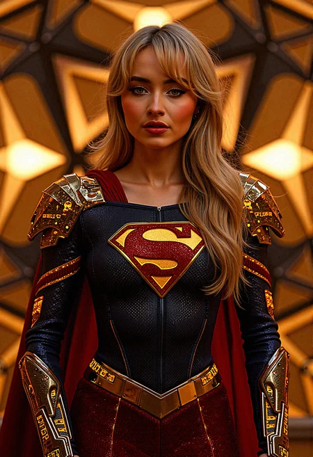 A photorealistic image of supergirl sabcarp based on fictional characters from DC Comics enveloped in a digital nexus, her costume infused with binary code that flickers with energy the backdrop of intersecting geometric shapes that seem to pulse with a golden glow, representing her power over both the digital and physical realms.
geometric armor plating to her shoulders and chest, with sharp, angular designs that mirror the background aesthetics.Integrate glowing binary code patterns into Supergirl's suit, running along the seams and edges, highlighting her connection to the digital realm.
She stands with one hand raised, palm facing outwards as if signaling to calm down, her expression firm but gentle.