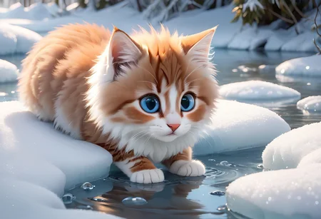 A digital painting depicts a whimsical winter scene with a fluffy kitten and a fish on partially frozen water. The kitten, 
positioned slightly to the right of center, 
has strikingly large, 
bright blue eyes and soft gray and white fur with prominent dark stripes running vertically. Its round face features a pink nose and delicate white whiskers, 
creating an endearing expression as it looks curiously at the fish. The kitten's body is lying flat on the ice, 
with its paws blending into the surface. In the foreground, 
a silver-gray fish with an orange-brown head and fins is seen breaking the surface of the icy water, 
seemingly attempting to bite at something above the waterline. The fish's scales are clearly visible, 
and its large eye reflects light, 
adding depth to its appearance. The water in the bottom part of the image is rendered with clear reflections of both the kitten and the fish, 
creating a shimmering effect. Small bubbles float around the kitten's paws. The background showcases a snowy forest with sparse trees covered in snow, 
their trunks visible through the blanket. Large icicles hang from the edges of the ice, 
enhancing the cold atmosphere. The lighting is soft and diffused, 
casting gentle shadows and highlighting the textures of both the kitten's fur and the fish's scales. The overall color palette includes cool hues like whites, 
grays, 
blues, 
and browns, 
contributing to the serene yet playful mood of this realistic illustration.