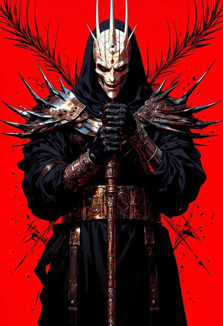 A high-contrast digital artwork, drawing inspiration from the bold fashion photography of Helmut Newton and the gothic intensity of H. R. Giger, features a striking figure standing against a solid, vibrant red background. The subject is clad in an avant-garde, high-fashion ensemble with a long, oversized black leather coat, its exaggerated shoulders adding to the imposing silhouette. A wide belt with intricate chains and buckles cinches the waist, complemented by glossy black leather gloves that catch the bold lighting. The face is hidden behind a dramatic white mask with a grid pattern, evoking Pinhead from *Hellraiser*, adorned with sharp white spikes, creating a menacing, edgy look. Pale skin and dark red lips contrast sharply with the mask, adding a gothic allure. The figure’s hands are tightly gripping a long, thin object, possibly a whip or riding crop, enhancing the commanding energy. In the background, subtle black-and-white geometric patterns form an optical illusion, inspired by the works of Bridget Riley, drawing the viewer’s eye toward the figure. The sharp details of the leather, chains, and spikes against the vibrant red backdrop create a visually arresting gothic style. HD, 8K quality, ultra-detailed, masterpiece artwork, flawless anatomy.
