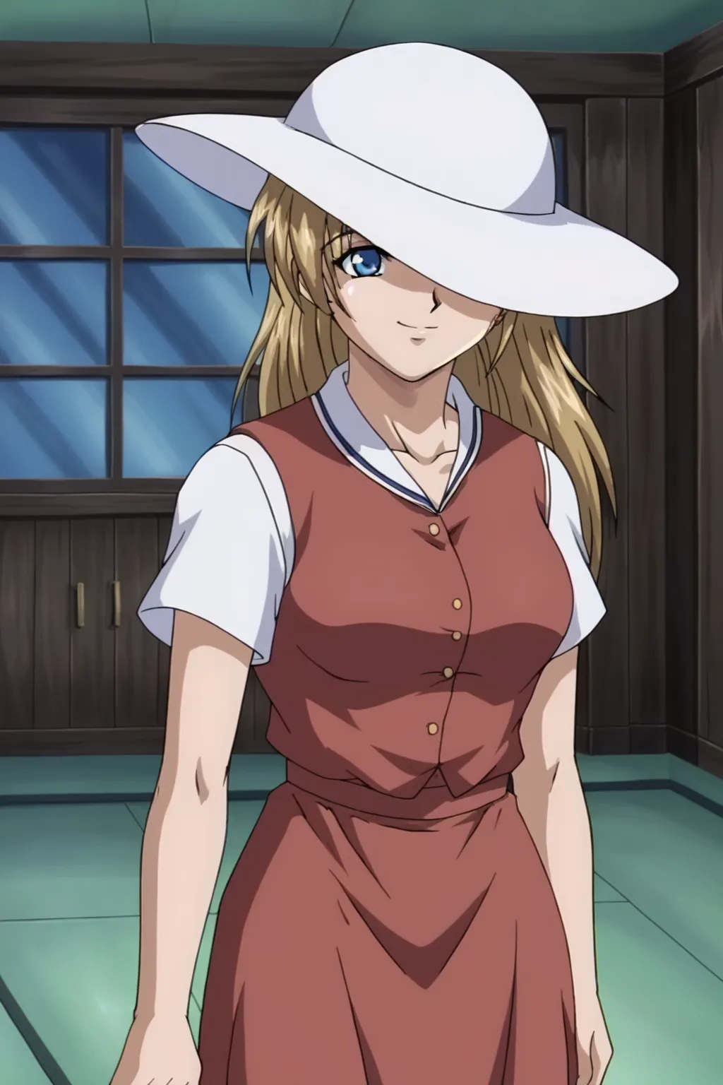 score_9, best, masterpiece, uncensored,
indoors,
1girl, solo, smile, retro artstyle, 1990s (style),
LTHRMNTsuruiaEp4, white sun hat, red vest over short sleeved white shirt, long red skirt,
<lora:LeathermanTsuruia_V2:0.8>​​​