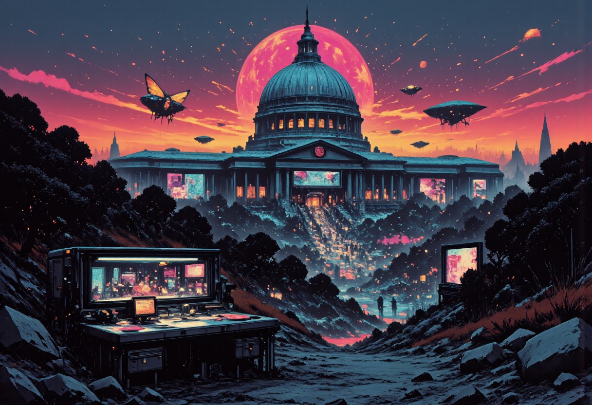 A digital artwork in the style of cknc: an intricate, high-contrast Shinto shrine nestled in misty mountain terrain at sunset. A long staircase with tori gates ascends through rocky woodland towards the shrine, depicted in a busy vector cartoon illustration with refulgent, hyphae-like, indigo blue, galactic elements in a British comic style. Features an exhausted, romantic, mystifying, rapid-fire, concave conceptual futuristic gothic hardsurface device design on a table, within a moody repair shop aesthetic by California, set in dystopian and surreal surroundings.
Alternatively, the U.S. Capitol Building is reimagined as the futuristic headquarters of the Weyland-Yutani Corporation. Classical architecture blends seamlessly with sleek, technological enhancements, creating a cyberpunk aesthetic. The dome displays the glowing Weyland-Yutani logo, signifying corporate dominance. Neon corporate advertisements illuminate the night sky, contrasting with the landmark's metallic marble facade and transparent aluminum windows. Durable, synthetic materials reinforce the columns. Aerial vehicles streak across the image, while a colossal holographic dragonfly spaceship hovers above. The grounds are a bustling hub of robotic workers and augmented reality users. The scene juxtaposes the past and present, symbolizing corporate power intertwined with political history, redefining the skyline.