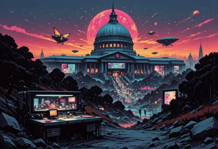 A digital artwork in the style of cknc: an intricate, high-contrast Shinto shrine nestled in misty mountain terrain at sunset. A long staircase with tori gates ascends through rocky woodland towards the shrine, depicted in a busy vector cartoon illustration with refulgent, hyphae-like, indigo blue, galactic elements in a British comic style. Features an exhausted, romantic, mystifying, rapid-fire, concave conceptual futuristic gothic hardsurface device design on a table, within a moody repair shop aesthetic by California, set in dystopian and surreal surroundings.
Alternatively, the U.S. Capitol Building is reimagined as the futuristic headquarters of the Weyland-Yutani Corporation. Classical architecture blends seamlessly with sleek, technological enhancements, creating a cyberpunk aesthetic. The dome displays the glowing Weyland-Yutani logo, signifying corporate dominance. Neon corporate advertisements illuminate the night sky, contrasting with the landmark's metallic marble facade and transparent aluminum windows. Durable, synthetic materials reinforce the columns. Aerial vehicles streak across the image, while a colossal holographic dragonfly spaceship hovers above. The grounds are a bustling hub of robotic workers and augmented reality users. The scene juxtaposes the past and present, symbolizing corporate power intertwined with political history, redefining the skyline.