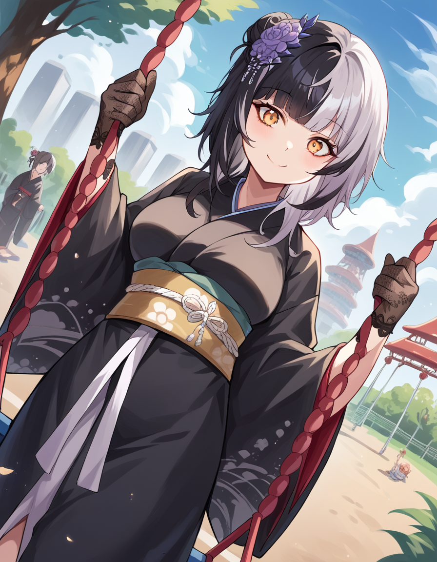 score_9, score_8_up, score_7_up, source_anime, <lora:shiori-novella-ponyxl-lora-nochekaiser:1>, shiori novella, black hair, blunt bangs, large breasts, long hair, multicolored hair, sidelocks, split-color hair, two-tone hair, straight hair, streaked hair, yellow eyes, grey hair,, black kimono, black shawl, hair bun, hair flower, hair ornament, japanese clothes, kimono, lace, lace-trimmed gloves, lace gloves, lace trim, shawl, wide sleeves,, public park, playground, swing set, laughter, sunny day, , , smile, solo,, cowboy shot, dutch angle