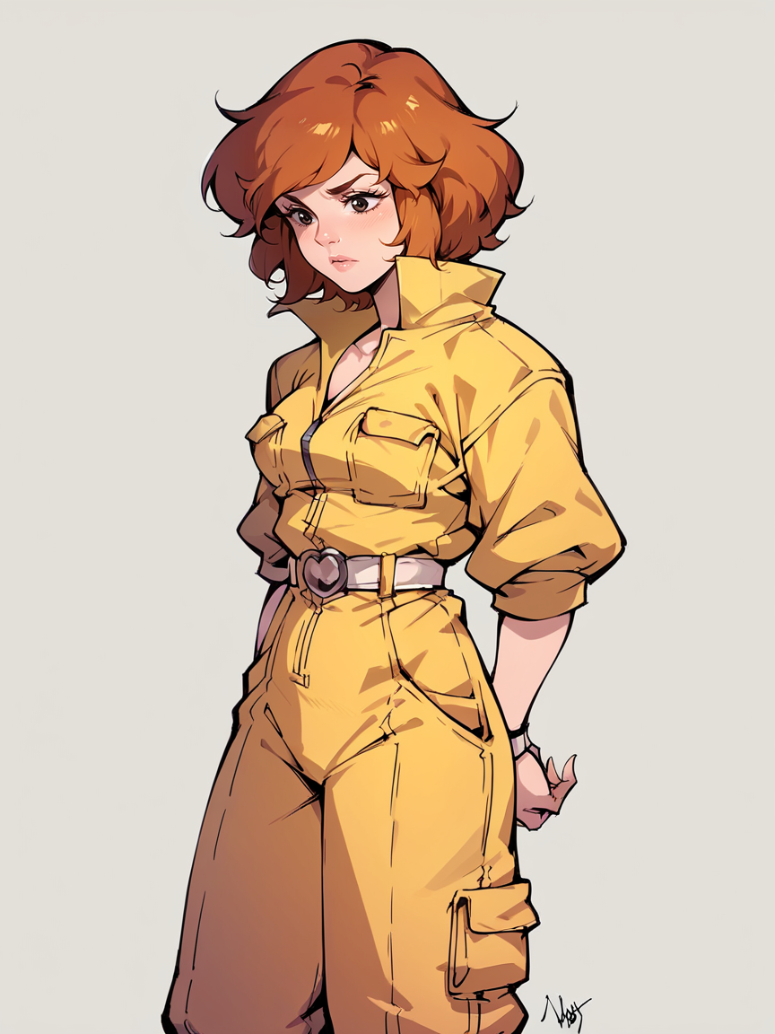 score_9, score_8_up, score_7_up, score_6_up, score_5_up,   <lora:AprilONeilXLP:1> april o'neil, 1girl, solo, orange hair, short hair, jumpsuit
