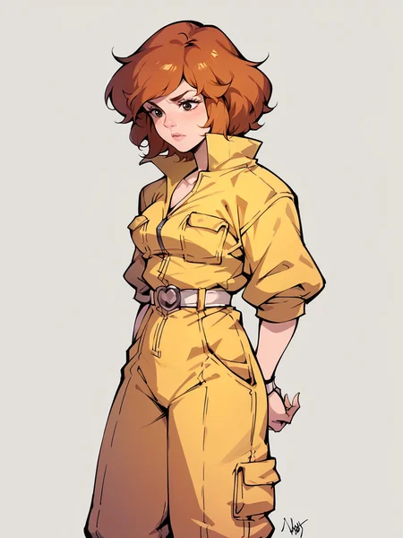 score_9, score_8_up, score_7_up, score_6_up, score_5_up, <lora:AprilONeilXLP:1> april o'neil, 1girl, solo, orange hair, short hair, jumpsuit