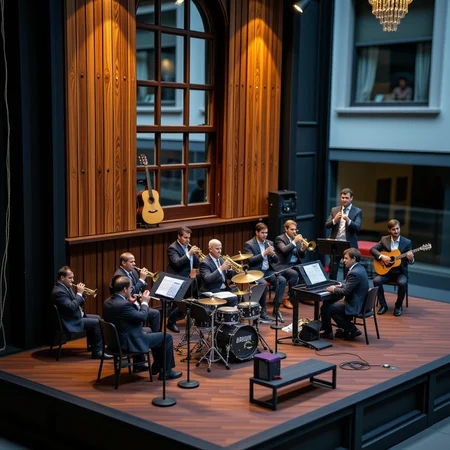 A miniature diorama of a big band performing on stage. 17 members in total, wearing matching suits, are seated on a tiered stage: 4 trumpets, 4 trombones, 5 saxophones, piano, bass, drums, and guitar. It is the ultimate artistic moment, where everyone is immersed in the joy of sound. A magical night, a conductor, <lora:Flux.1_Turbo_Detailer:0.7>, <lora:Diorama_Flux:0.9>
