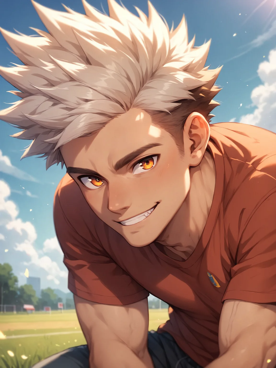 score_9,score_8_up, male focus,solo,brown hair,white hair,orange eyes,spiked hair,<lora:xl_more_art-full_v1:0.5>,<lora:add-detail-xl:1>,<lora:AIDudes-Mateo-000003:0.8>,âfield, outdoors,school, smile,red shirt,,âââ