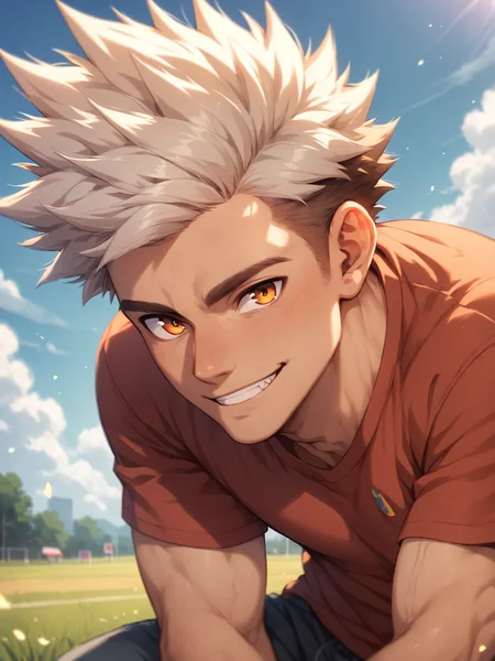 score_9,score_8_up, male focus,solo,brown hair,white hair,orange eyes,spiked hair,<lora:xl_more_art-full_v1:0.5>,<lora:add-detail-xl:1>,<lora:AIDudes-Mateo-000003:0.8>,âfield, outdoors,school, smile,red shirt,,âââ