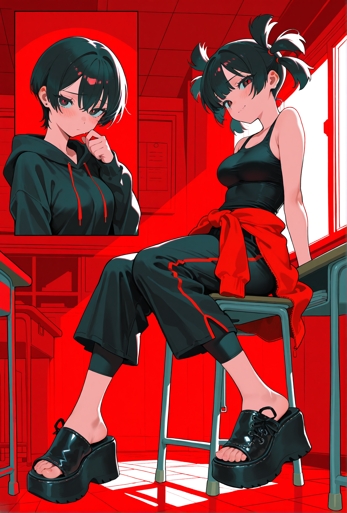 masterpiece, best quality, amazing quality, very aesthetic, high resolution, ultra-detailed, absurdres, 
multiple views, poses,
(close-up inset of feet and shoes), detailed feet, foot focus, perfect feet,
(1gu4n4 sandals), (platform footwear:1.2), black footwear,
1girl, 
sitting in chair, desk,
from side,
classroom, cinematic lighting, side lighting, red theme,
loose clothing, black tanktop, loose pants, capri pants, black pants, black clothing, hoodie tied around waist,, 
blushing, looking at viewer, flirting, shy,
cute face, perfect face, 
medium breasts,
black hair, short hair, quad tails, goth,