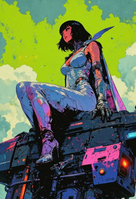 Neon lights flicker as she sits atop a sleek anti-gravity control module, her body glowing with blue-tinted transparency, refracting colors like shattered glass. The low angle captures her dominance, her long legs crossed, the sharp slit of her bodysuit revealing smooth, luminous skin. The shimmering silver fabric clings tightly, barely covering her curves, sheer panels teasing glimpses of what lies beneath. A thin holographic cape drapes over her shoulders, shifting between violet and amber as it flutters. Her jet-black French bob frames fierce black eyes, lined in electric blue, her glossy red lips slightly parted in a knowing smirk. Chrome vambraces with glowing magenta circuits wrap around her wrists, her fingers resting lightly on the plasma dagger strapped to her thigh. Her futuristic gladiator boots, lined with cyan LED accents, press against the chrome surface. The lime-green sky above swirls with white clouds, while shifting shadows dance across her body, heightening the tension. She tilts her head, eyes locking onto her unseen prey—sensual, provocative, and dangerously in control. in the style of cksc,