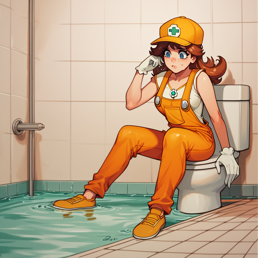 score_9, score_8_up, score_7_up, princess daisy, solo, breasts, (yellow d cap, orange overalls:1.2), rating safe, white gloves, sitting on the ground, bathroom, tiles, sad, flooding, water, toilet, plunger, bathroom, full body, wet