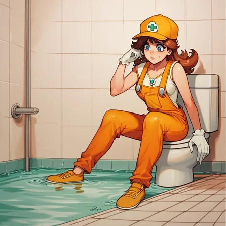 score_9, score_8_up, score_7_up, princess daisy, solo, breasts, (yellow d cap, orange overalls:1.2), rating safe, white gloves, sitting on the ground, bathroom, tiles, sad, flooding, water, toilet, plunger, bathroom, full body, wet