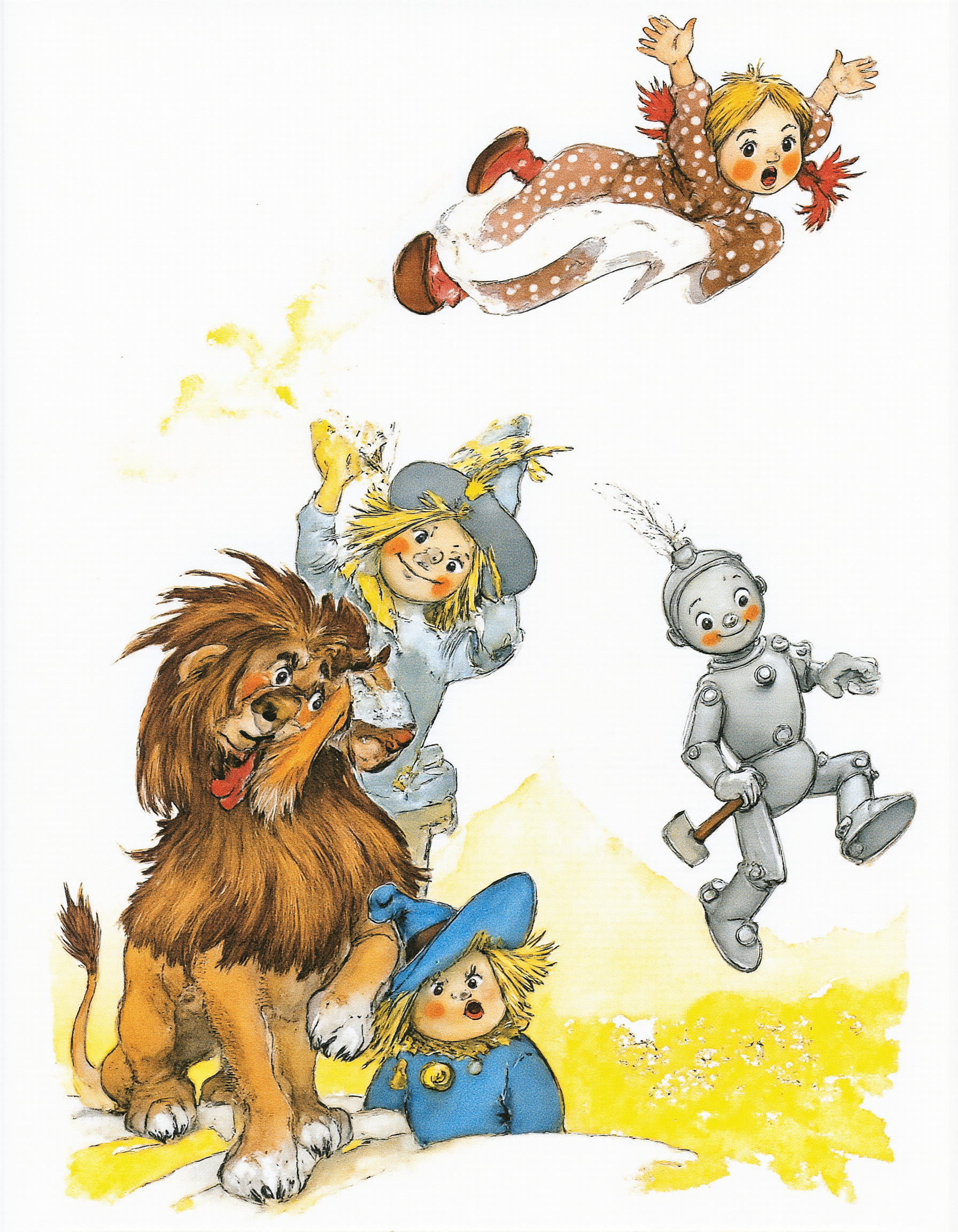 <lora:lv:1>, This is a whimsical, hand-drawn illustration in a cartoon style, likely inspired by the classic children's book "The Wizard of Oz." The scene features four characters: a lion, a scarecrow, a tin man, and a young girl. The background is a pale yellow with a few faint mountain silhouettes, suggesting an open, expansive setting., 
In the foreground, the lion stands on the left, with a large, expressive face and a mane of brown fur. It has a white snout and paws and is wearing a blue tunic with a yellow trim. To the right of the lion stands the scarecrow, dressed in a blue hat with a yellow band, a blue coat, and yellow pants. The scarecrow has a cheerful, wide-eyed expression and a yellow face with a small black nose., 
Next to the scarecrow is the tin man, who appears to be in mid-motion, with a silver body, a blue hat, and a red shirt. His arms are extended, and he is holding a small axe in one hand. To the right of the tin man, the young girl, Dorothy, is depicted in mid-air, wearing a brown dress with white polka dots, a white pinafore, and red shoes. She has