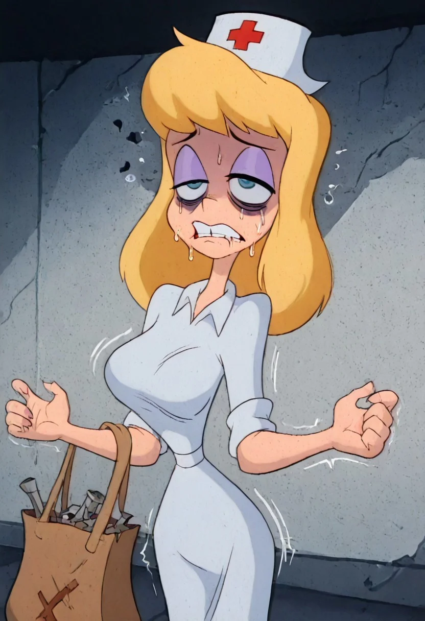 masterpiece, best quality, amazing quality, absurdres,(((((white background))))), (((hellonurse))), (((extremely angry))), (((extremely offended))),((((extremely heartbroken)))), blonde hair, teal eyes, (((1girl))), alone, big breasts,((((slim body))))),eyeshadow,((((((((vertigo)))))))), twerking,nurse outfit, Heloise Nerz, hellonurse, dirty, detailed body, detailed face, highly detailed body, highly detailed face, dynamic pose, posing, ((((((angsty))))), (((((extremely furious)))))), (((((submissive)))))), 1girl, dirty messed burnt blonde hair, wounds, hit herself, selfharm,terror,((((fear)))), wounds on face, wounds on body, extreme amount of wounds, wounds everywhere, ((((((((((bags under eyes))))))))))), bags under eyes, shiners, stupid, dumb, extremely stupid, extremely dumb, no brain, brain damage, stupid blonde, extremely stupid blonde, blue eyes, eye twitching, nervous eye twitching, extremely hard eye twitching, totally burnt hair, sexy, horny, flowing saliva, scared, in love, extremely dirty dress, hardly beaten fifty times, confused, humiliated face, depressed face, black eyes, extremely broken heart, wall eyes, shaggy hair,smashed mouth, crazy emotion, narrow waist