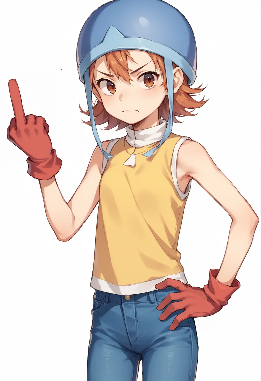 1girl, sora, short hair, brown eyes, helmet, blue headwear, yellow t-shirt, sleeveless, high collar, red gloves, jeans, contrapposto, hand on own hip, disgust, middle finger, white background simple background <lora:MimiSora:1>, score_9, score_8_up, score_7_up, score_6_up, score_5_up, score_4_up, BREAK source_anime, masterpiece