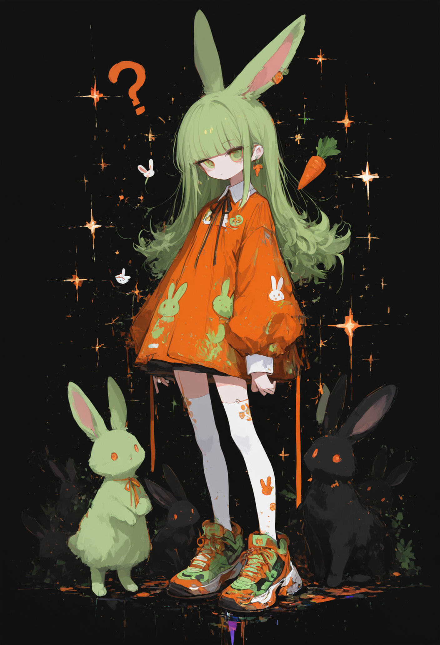 masterpiece, best quality, good quality, very awa, newest, highres, absurdres, no lineart, no outline, 1girl, solo, long_hair, looking_at_viewer, simple_background, long_sleeves, red_eyes, dress, thighhighs, animal_ears, ribbon, jewelry, standing, full_body, earrings, green_hair, shoes, socks, blunt_bangs, rabbit_ears, orange_eyes, sparkle, kneehighs, neck_ribbon, white_socks, ?, animal_print, sneakers, puffy_long_sleeves, hands_on_own_hips, rabbit, rabbit_girl, collared_dress, orange_background, carrot, no_mouth, orange_dress, orange_ribbon, orange_footwear, rabbit_print, dot_mouth, orange_theme, animal_ear_legwear, food-themed_earrings, black background, dark theme,cowboy shot,(glitch art),