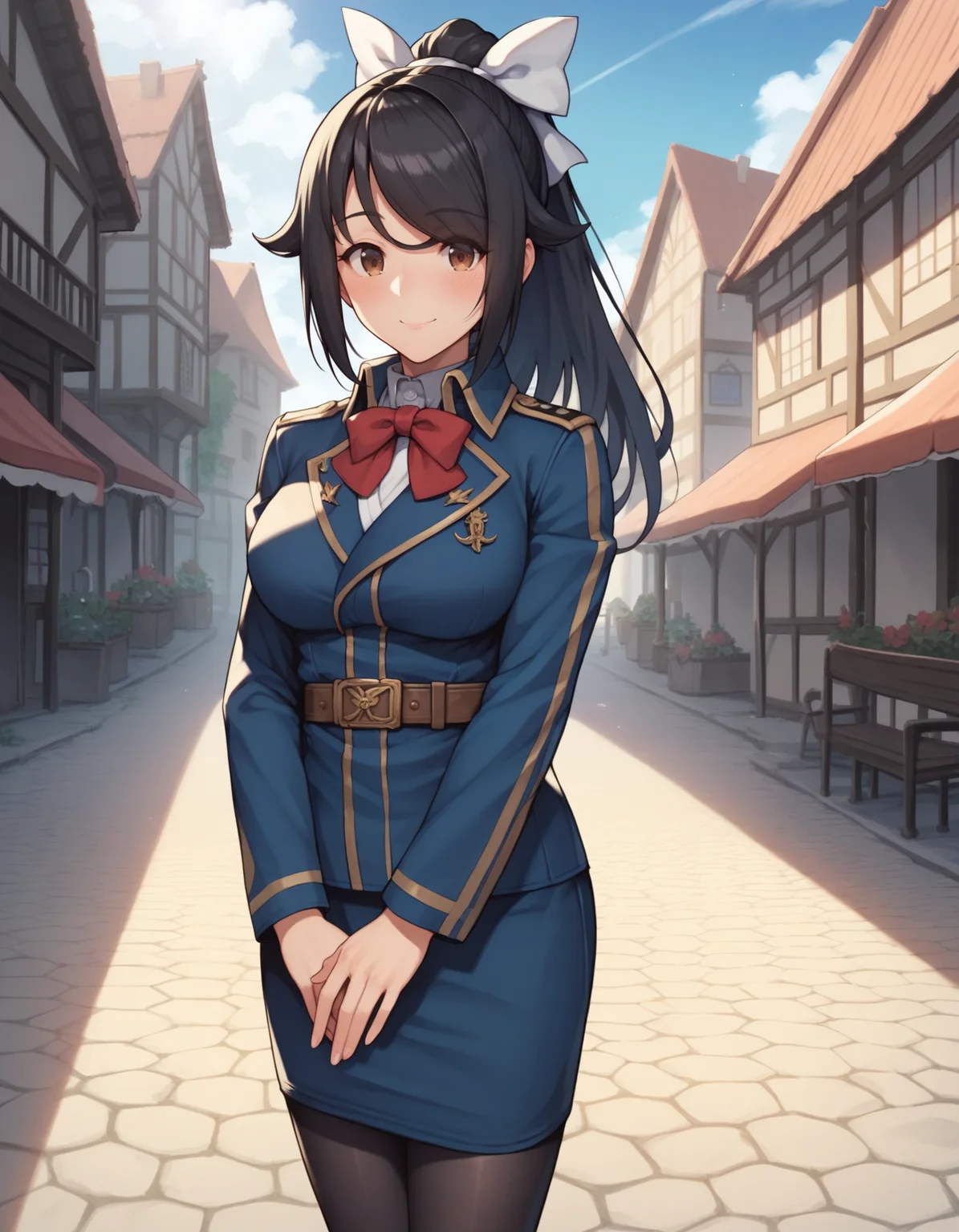 score_9, score_8_up, score_7_up, score_6_up, score_5_up, score_4_up
BREAK
chloe_olis, 1girl, solo, black hair, high ponytail, white bow, brown eyes, eyes visible through hair, military uniform, blue jacket, white shirt, red bowtie, brown belt, blue skirt, black pantyhose, looking at viewer, smile, blush
BREAK
scenery, town, fantasy, blue sky, sunlight
<lora:chloe_NagekiNoBoureiWaIntaiShitai_ponyxl_v1_char:1> <lora:chloe_NagekiNoBoureiWaIntaiShitai_ponyxl_v1_style:0>