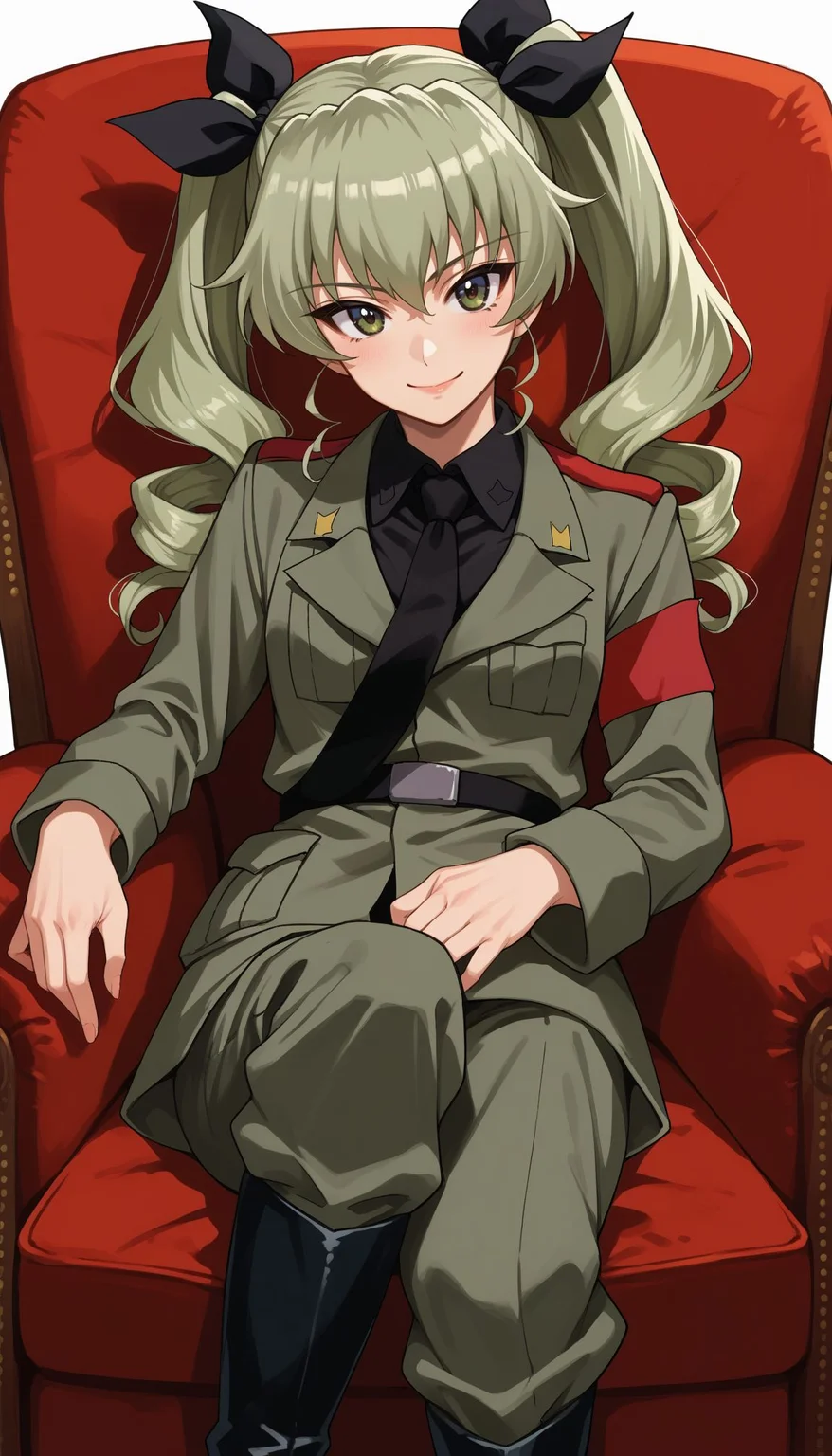 score_9, score_8_up, score_7_up, source_anime,
<lora:Anchovy:0.8>,, , anchovy (girls und panzer),green hair, long hair, twin drills, bangs, hair ribbon,anzio military uniform,wing collar,black necktie,grey jacket,long sleeves,black shirt,black belt,pants tucked in,grey pants,knee boots, lying down on armchair, red armchair, , indoor, smile