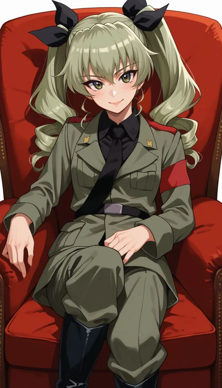 score_9, score_8_up, score_7_up, source_anime,
<lora:Anchovy:0.8>,, , anchovy (girls und panzer),green hair, long hair, twin drills, bangs, hair ribbon,anzio military uniform,wing collar,black necktie,grey jacket,long sleeves,black shirt,black belt,pants tucked in,grey pants,knee boots, lying down on armchair, red armchair, , indoor, smile