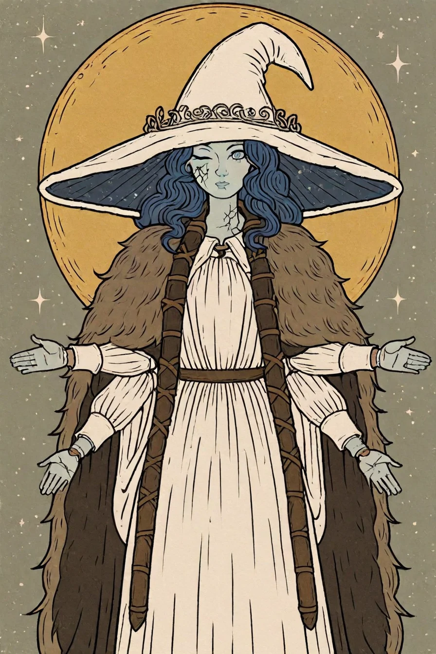 <lora:Ranni_illusXLNoobAI_Incrs_v1:0.8> RnnDef, blue eyes, one eye closed, blue hair, wavy hair, (4 arms:1.2), extra faces, ghost face, blue skin, colored skin, cracked skin, doll joints, witch hat, large hat, white headwear, white dress, long sleeves, fur cloak, brown cloak, moon, stars, 1girl, solo, alone,  <lora:tarot_illustration_style_illustriousXL-000025:1>, tarot_illustration_style, masterpiece, highres