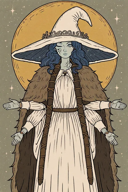 <lora:Ranni_illusXLNoobAI_Incrs_v1:0.8> RnnDef, blue eyes, one eye closed, blue hair, wavy hair, (4 arms:1.2), extra faces, ghost face, blue skin, colored skin, cracked skin, doll joints, witch hat, large hat, white headwear, white dress, long sleeves, fur cloak, brown cloak, moon, stars, 1girl, solo, alone, <lora:tarot_illustration_style_illustriousXL-000025:1>, tarot_illustration_style, masterpiece, highres