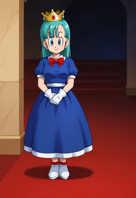 bulma \(dragonball\), aqua hair, blue eyes,blue dress,tiara,crown,
crown, dress, gem, gloves, puffy short sleeves, puffy sleeves, short sleeves, white gloves, full body,. kingdom,