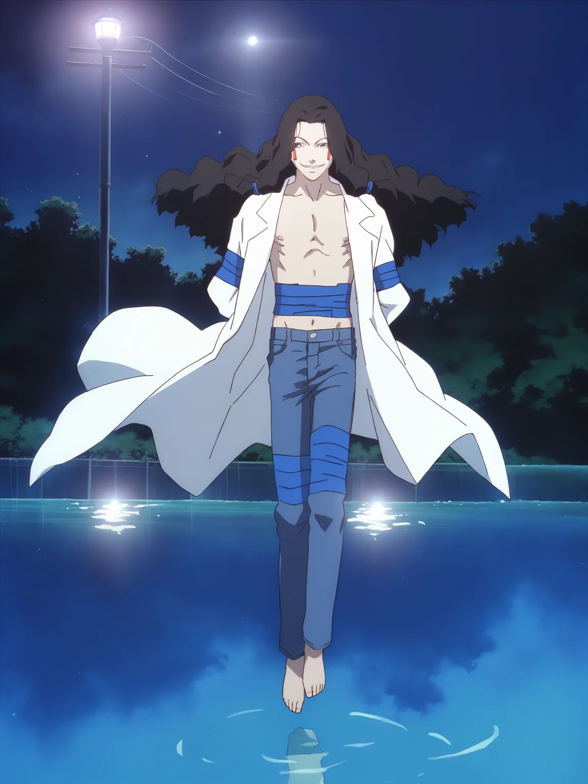 score_9, source_anime, masterpiece, best quality, white background, <lora:Masami Eiri_PDXLv0.5:0.8> 1boy, masami eiri \(sel\), standing, full body, looking at viewer, smile, floating, crossed legs, water, night, moonlight, outdoors,
