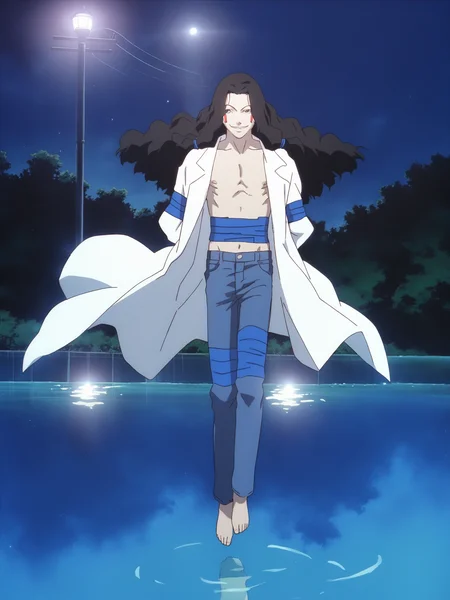 score_9, source_anime, masterpiece, best quality, white background, <lora:Masami Eiri_PDXLv0.5:0.8> 1boy, masami eiri \(sel\), standing, full body, looking at viewer, smile, floating, crossed legs, water, night, moonlight, outdoors,