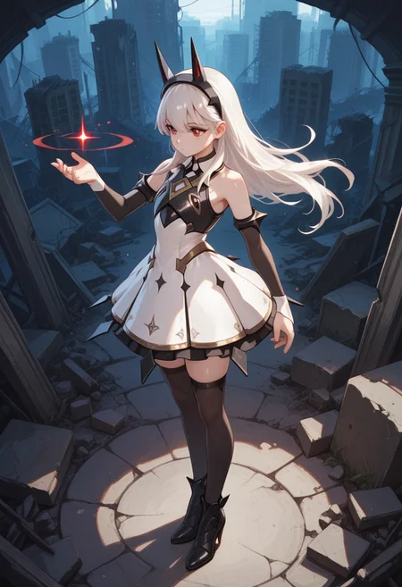 absurdres, masterpiece, best quality, very aesthetic, HDR, 8K, ultra-detailed, anime, 748cmstyle, ruins, from above, levitation, floating in air,
1girl, PrincessLexa, solo, red eyes, bangs, long hair, white hair, hairband, black thighhighs, detached sleeves, bare shoulders, white dress, armor, black footwear, high heels, skindentation, shiny skin, dominant female, (skinny),