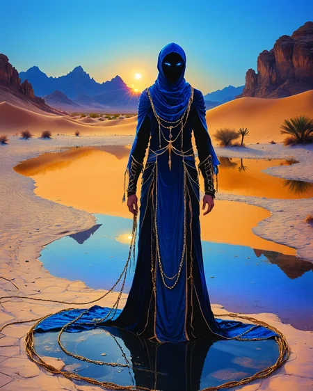 hooded human sorcerer standing at a desert oasis, velvet, chains, water, reflections, blue hour, intense colors, high contrast, camel, warriors, <lora:add-detail-xl:1.0>,  <lora:xl_more_art-full_v1:0.4>,  <lora:XSfenlie:1> fenliexl, <lora:lora:1>, realistic photo