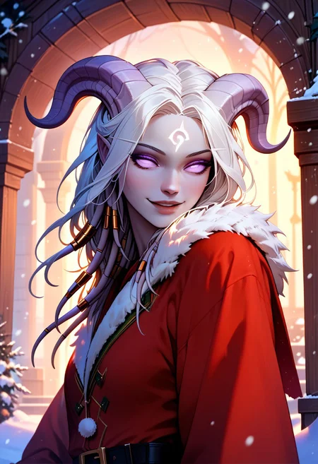 (absurdres, best quality, masterpiece:1.4), score_9, score_8_up, score_7_up, score_6_up, detailed, detailed body, detailed face, world of warcraft, fantasy, <lora:add-detail-xl:1.5>, 
fFaceDetail, ((female, draenei, tall, athletic arms, pale white skin, long white hair, purple eyes, no sclera, long white tail), (h0rns, ram horns, white horns), 
(long fingers, gold fingernails, gold nail polish)), 
alone, upper body, standing, looking toward viewer, soft smile,
Red santa dress with a white fur trim, red santa hat with a white fur trim, black belt with a gold buckle, black knee high boots, White thigh high socks
depth of field, evening, outdoor, harbour, snowing, light snow