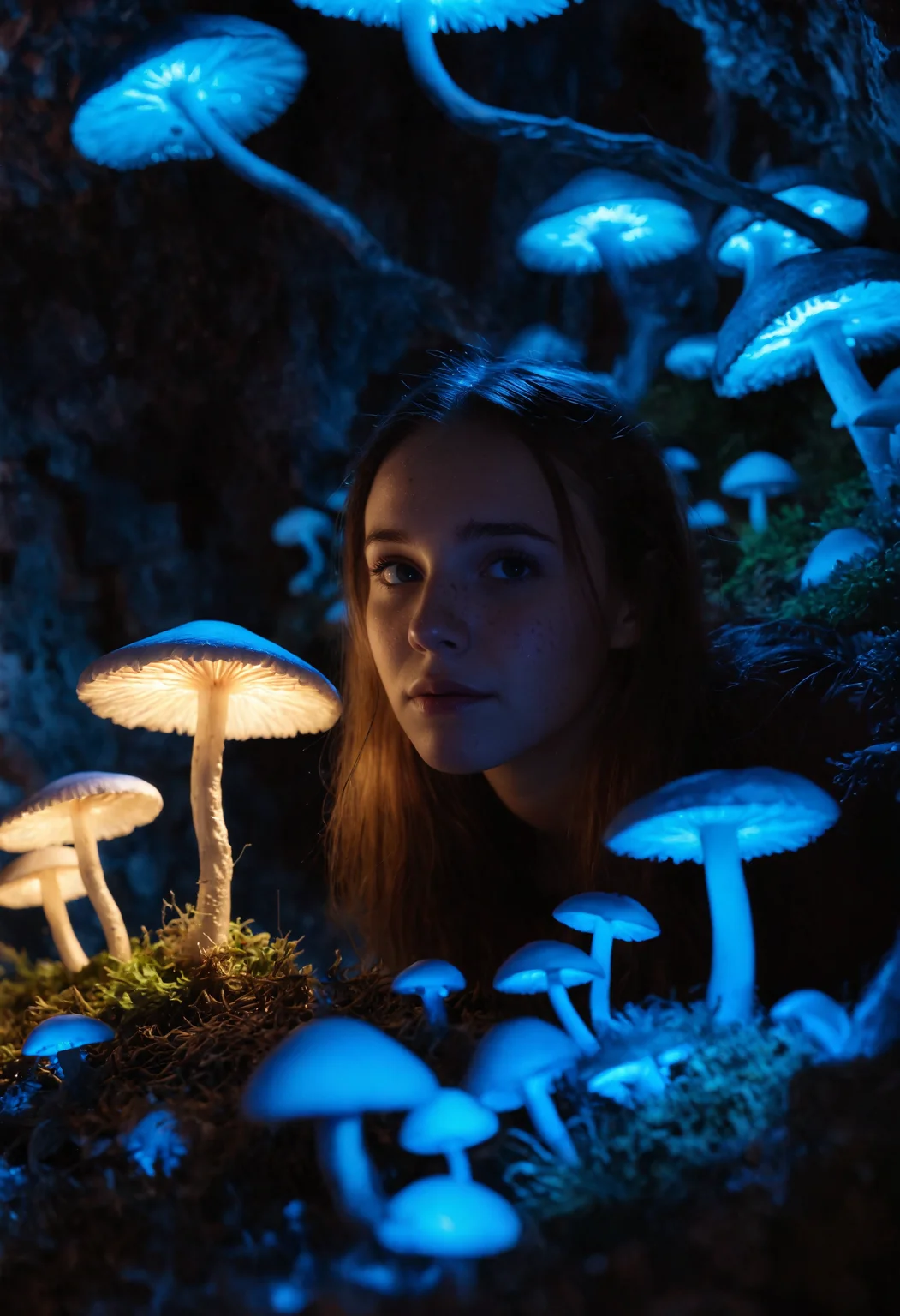 candid photo, amateur photo, (portrait:1.2) of a young woman amidst glowing mushrooms, looking at camera, intrigued facial expression, mystical cave, fluorescent mushrooms, blue glow, lush moss on cavern walls, shallow depth-of-field, creative lighting, selective focus
