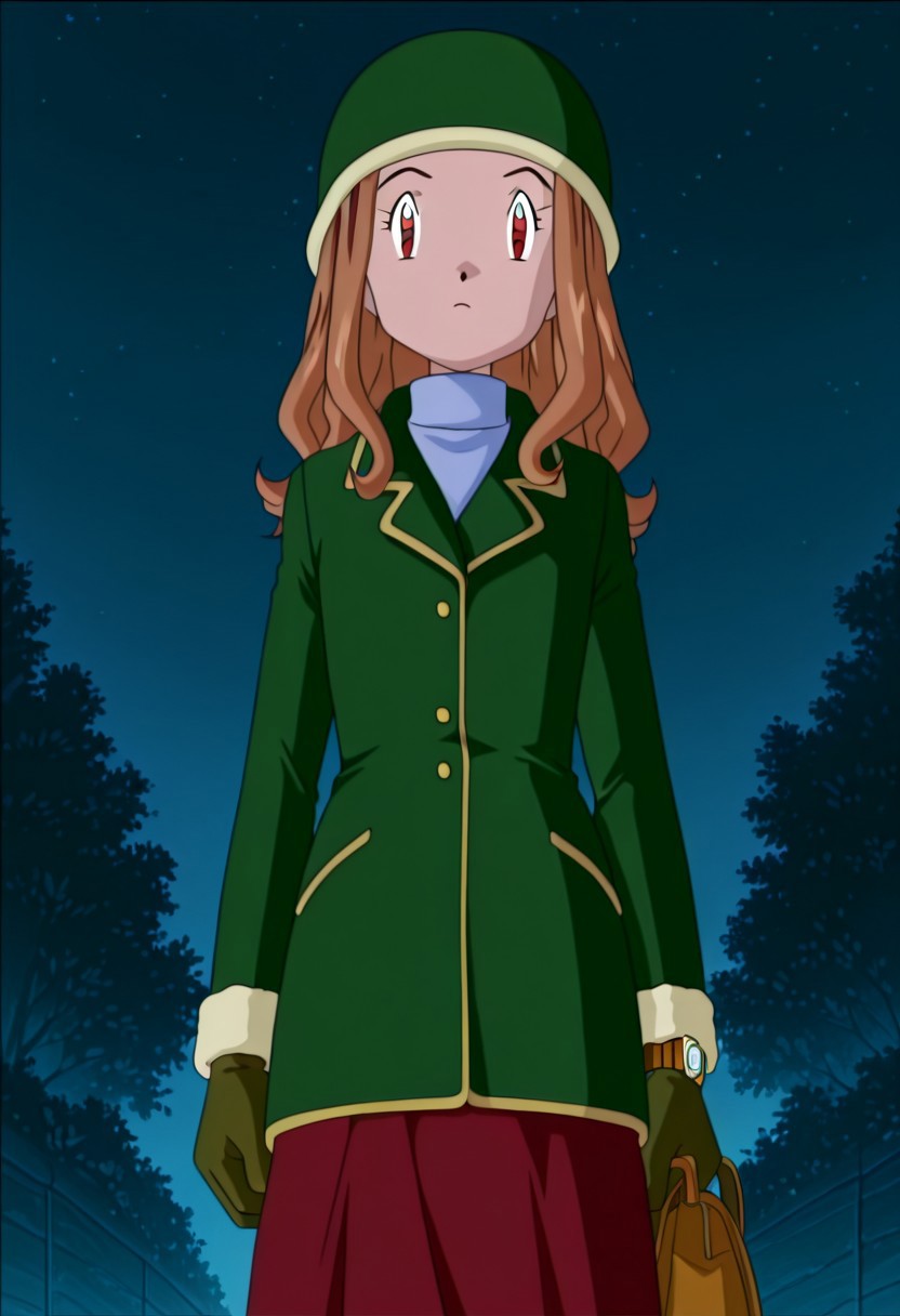 anime art style,anime screencap, digimon adventure 02, mimi tachikawa, brown hair, 1girl, solo, gloves, skirt, wristwatch, watch, jacket, long hair, bag, red eyes, helmet, green jacket, night, turtleneck, outdoors, Red skirt, long skirt, green coat, winter clothes, 3 outfit