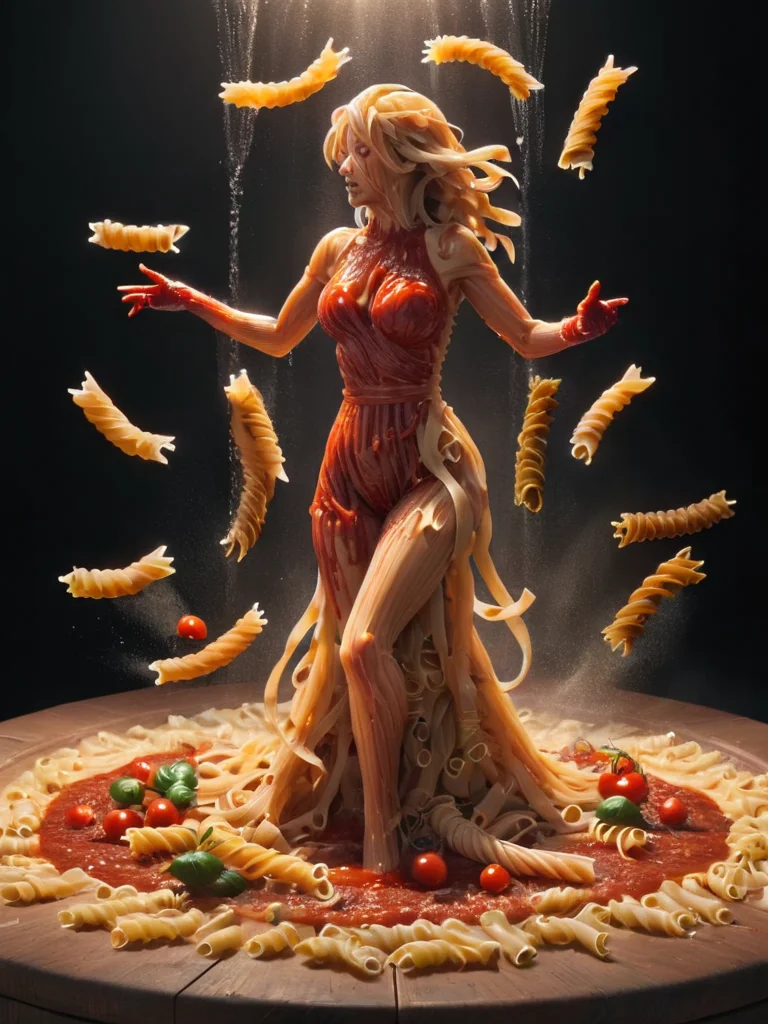 fight scene, blood made out of tomato sauce, 4k, full body, (female wizzard shooting noodles:1.3), bolt light, flying, tomatoes, (dripping tomato sauce:1.6), smoke, night, cinematic, color grading, (black background:1.5), dark light, noodlez <lora:noodlez:1>