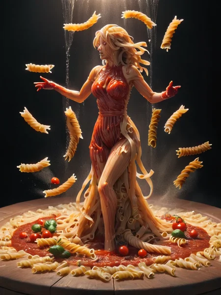 fight scene, blood made out of tomato sauce, 4k, full body, (female wizzard shooting noodles:1.3), bolt light, flying, tomatoes, (dripping tomato sauce:1.6), smoke, night, cinematic, color grading, (black background:1.5), dark light, noodlez <lora:noodlez:1>