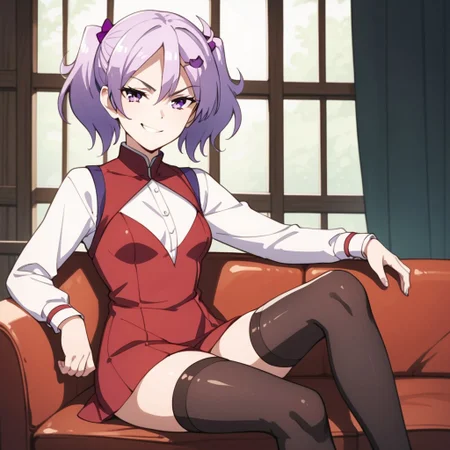 score_7_up, score_8_up, break, kaname_tk, short hair, purple hair, twintails, hair ornament, red dress, thigh highs, smirk, looking at viewer, sitting, sofa