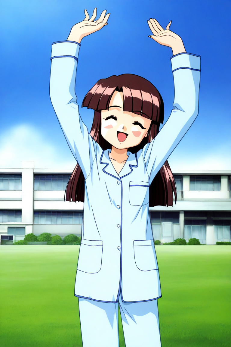 general,highres, ultra-detailed,very aesthetic,best quality ,best hands, BREAK <lora:Sakurai_Miyuri_Suchie-Pai_Ver2.0_IS:1>
Sakurai_Miyuri, 1girl, solo, brown hair, long hair, closed eyes, blunt bangs,
open mouth,
smile,arms up,
light blue pajamas, 
blue sky, day, grass. outdoor, hospital building,