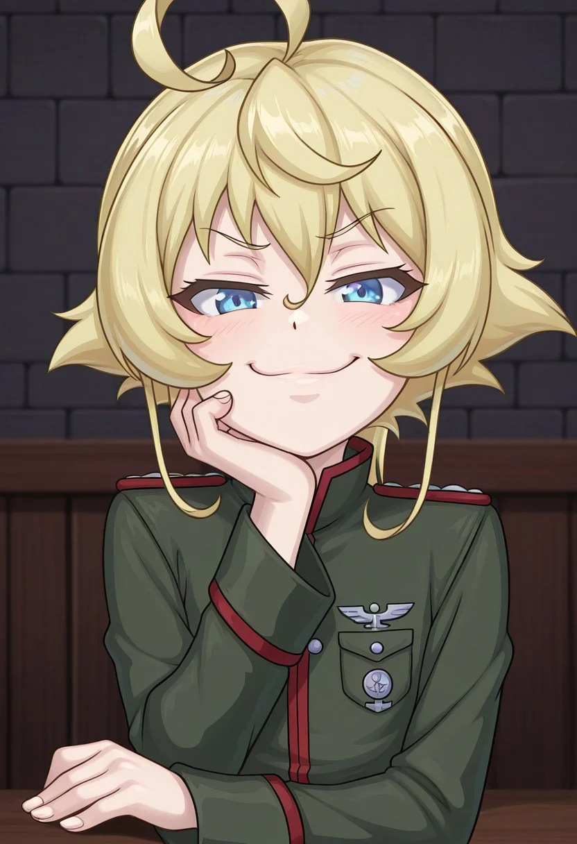 masterpiece,best quality,amazing quality,very aesthetic,
BREAK
outfit1, aaa_tanya,, flat chest, blonde hair, short hair, ahoge, blue eyes, military uniform, green jacket, long sleeves, upper body, looking at viewer, smug, hand on chin,
solo, KonosubaFantasticDays-Liver020