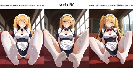 <lora:StS-Illustrious-Detail-Slider-v1.0:-3.5>, (foreshortening, perspective, foot focus), 1girl, solo, sitting, facing viewer, maid uniform, thighhighs, cleavage, thighhighs, (foot focus), (extended legs), spread legs, feet, grin, blonde hair, twintails, sitting, medium breasts, (cafe, booth seating, window, street, scenery), highres, absurdres, masterpiece, best quality, ultra-detailed, illustration,colorful, masterpiece, best quality, ray tracing, 8k, soft lighting, tracing, soft shadows, (extremely detailed), detailed face, <lora:minakamiILLUS:0.8>